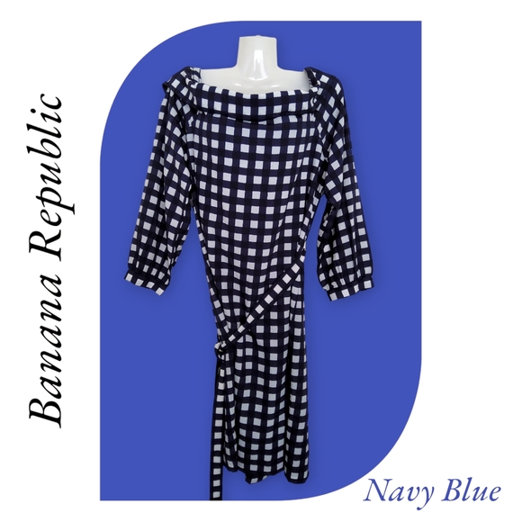 NWT!! Banana Republic Popular Navy Blue White Squares Off The Shoulder Dress!!💖 - Picture 8 of 11